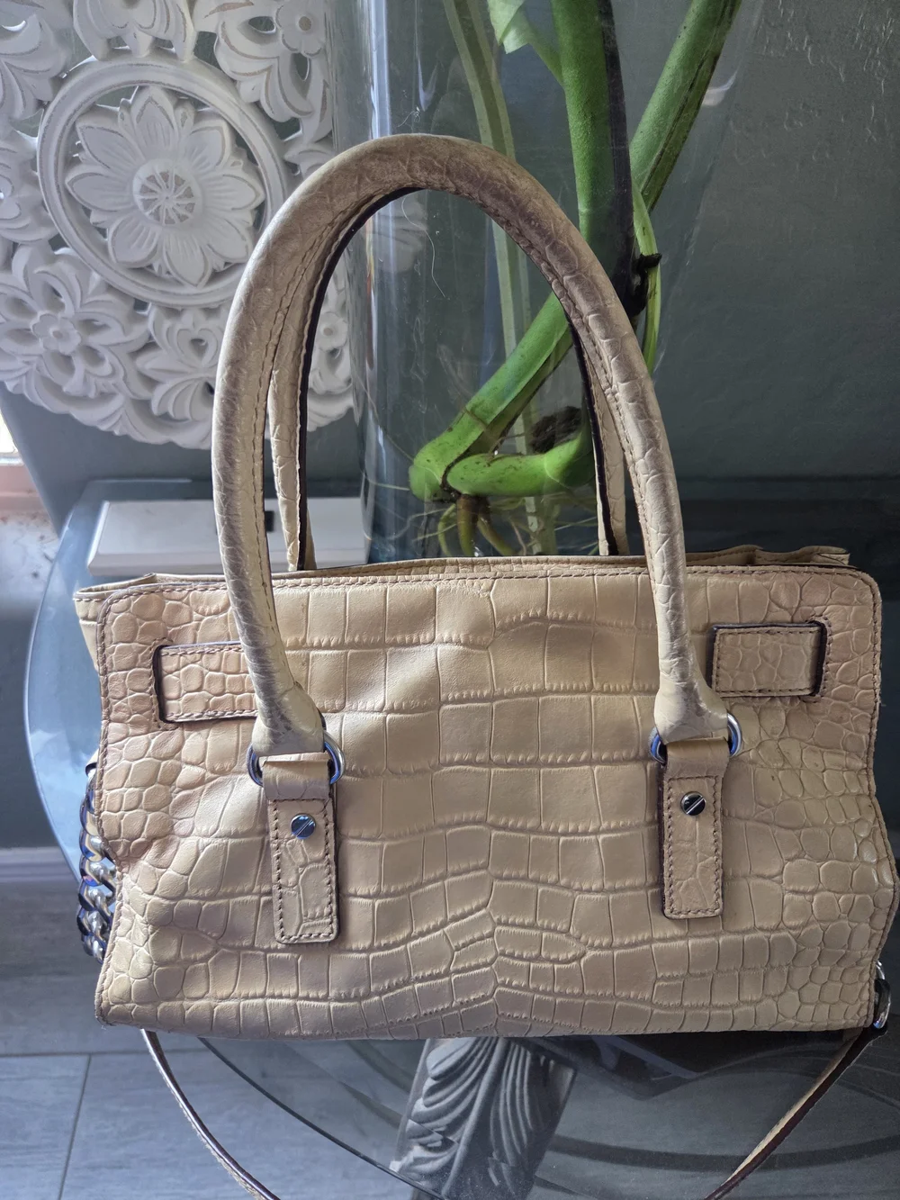 Michael Kors Beige Croc-Embossed Satchel with Silver Hardware
